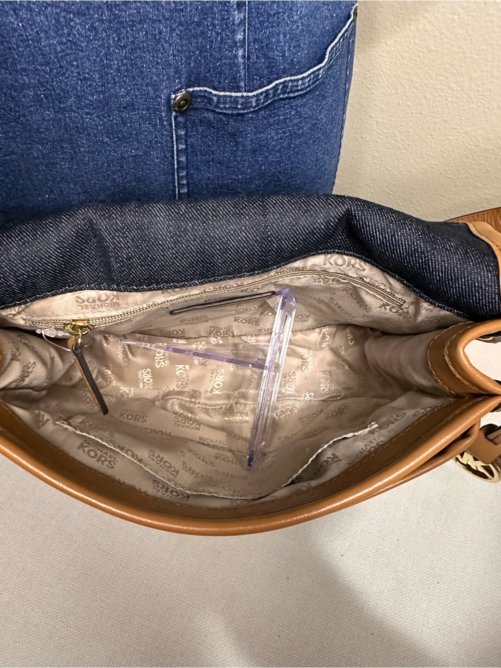 Michael Kors Jamie Denim and Tan Leather Crossbody Saddle Bag - Picture 12 of 14